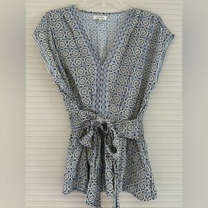 Max Studio Patterned Rayon Tie Waist Peplum Top